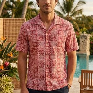 Reyn Spooner Uniqlo Shirt Mens Small Red Hawaiian Print SS Camp Collar Aloha